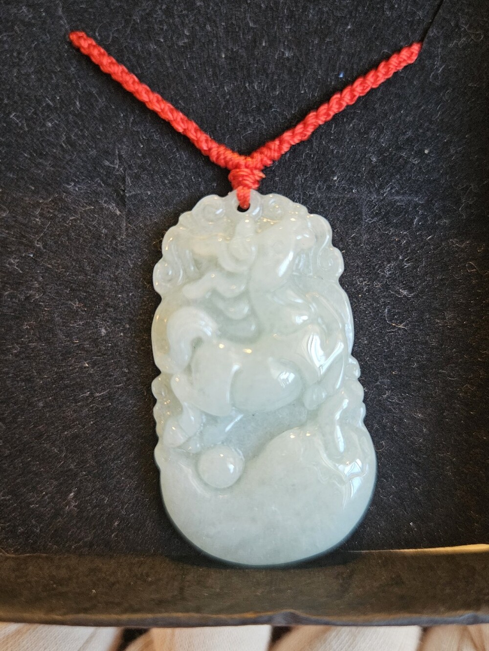 Green Jade Carved Horse Pendant Necklace with Red Cord